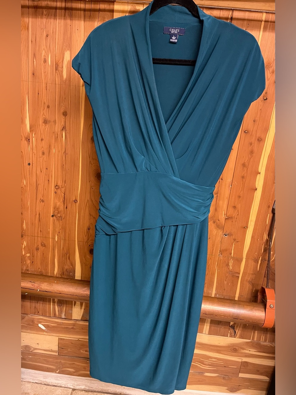 Chaps Teal Surplice Midi Dress with Ruched Waist
